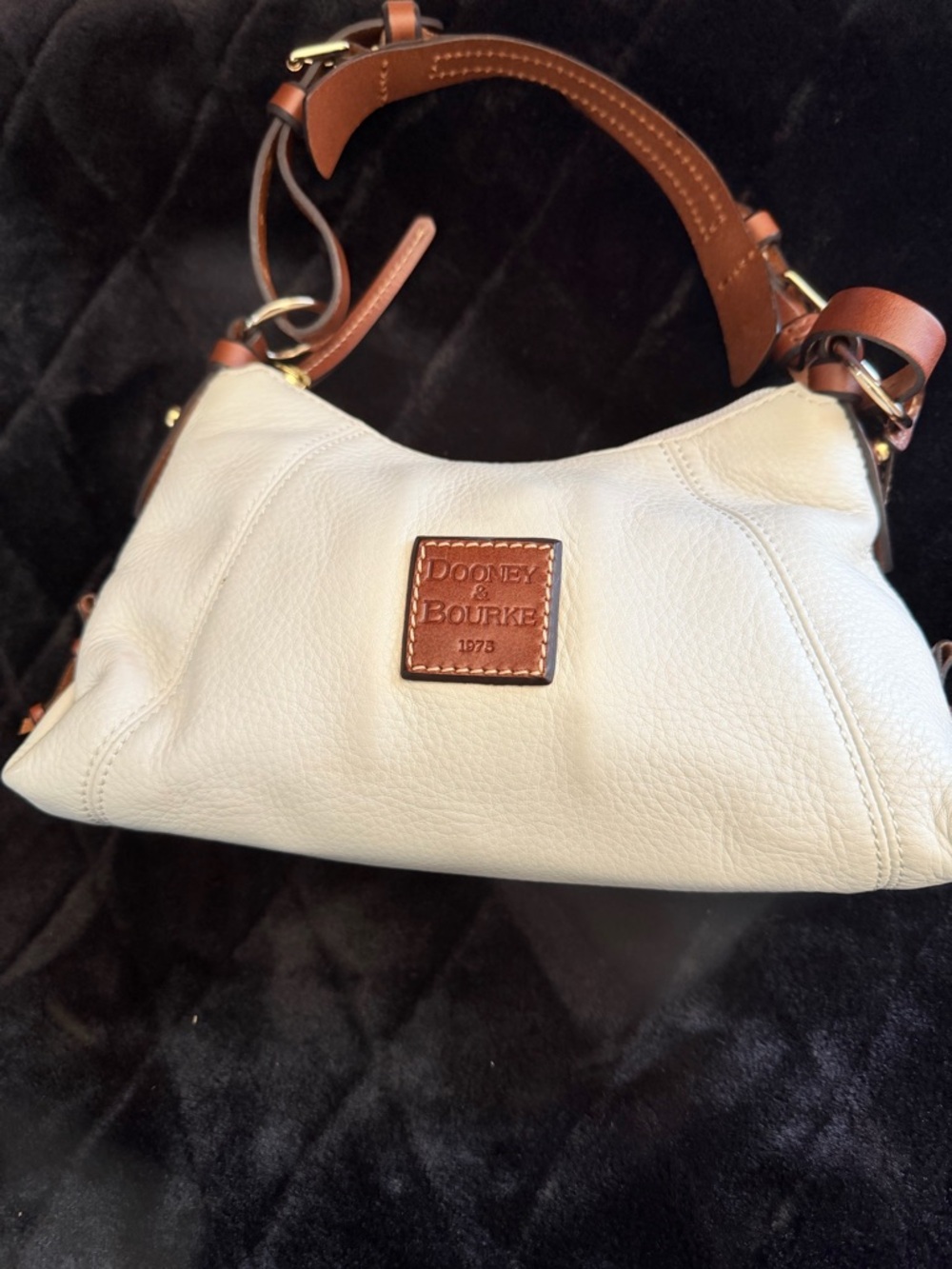 Dooney & Bourke Mini East/West Slouch Cream Leather Shoulder Bag with Brown Trim